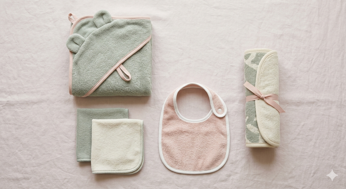 Tulip baby nursery collection: sage-green hooded towel with bear ears and blush trim, washcloths, bib and rolled changing mat, with plush terry fabric detail