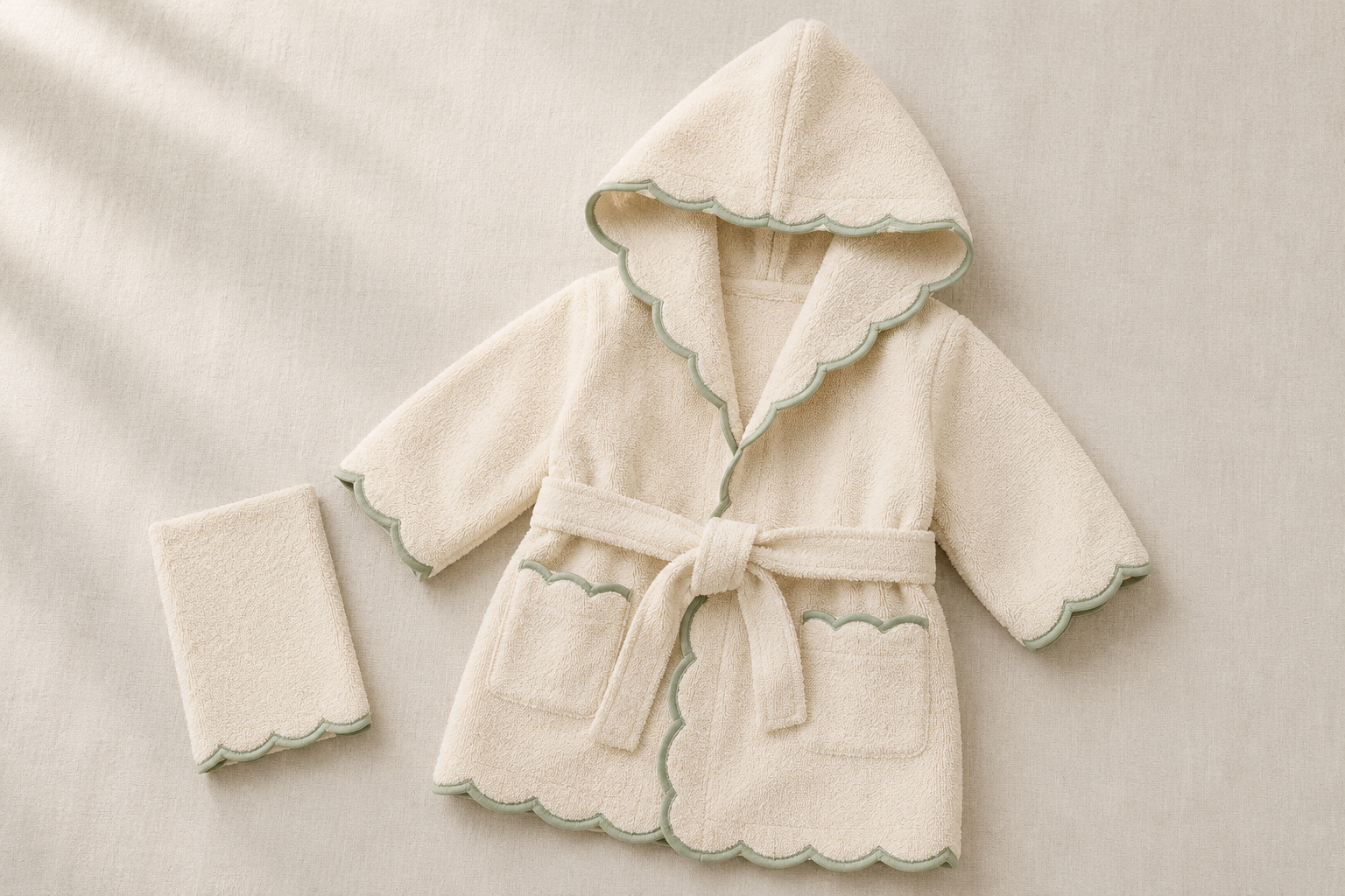 Cream zero-twist combed cotton baby bathrobe and matching washcloth with scallop trim